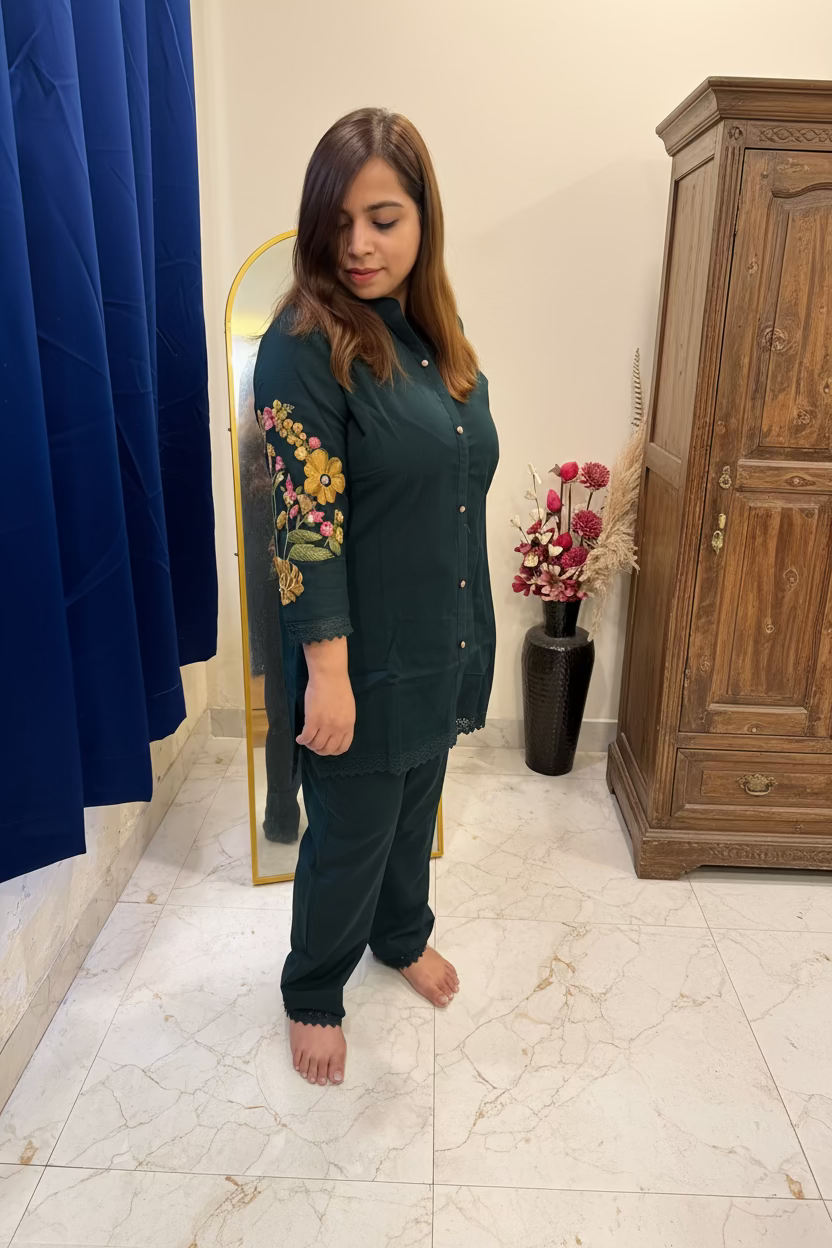 Deep Forest Green Cotton Co-ord Set with Embroidered Sleeves