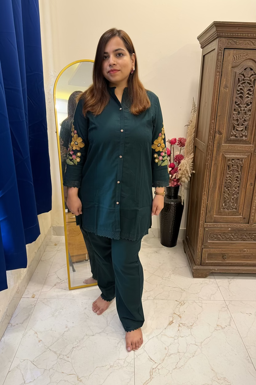 Deep Forest Green Cotton Co-ord Set with Embroidered Sleeves