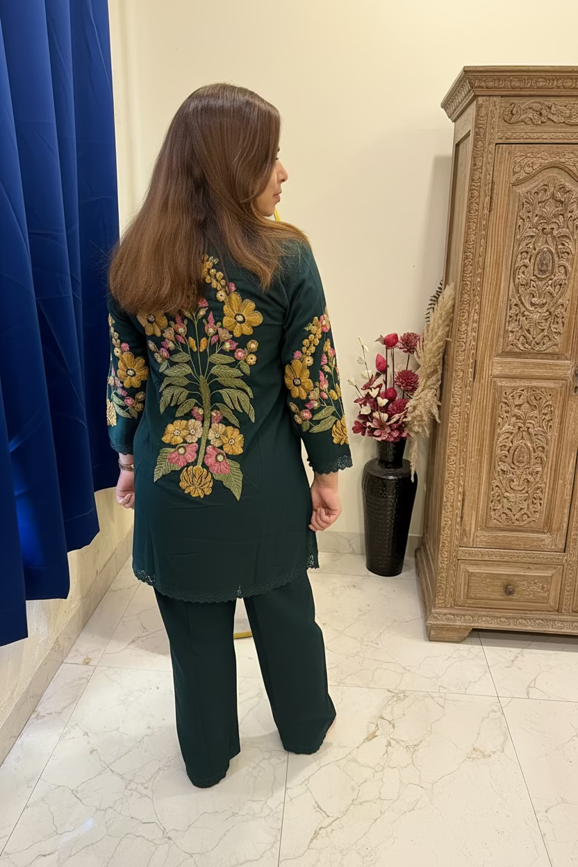 Deep Forest Green Cotton Co-ord Set with Embroidered Sleeves