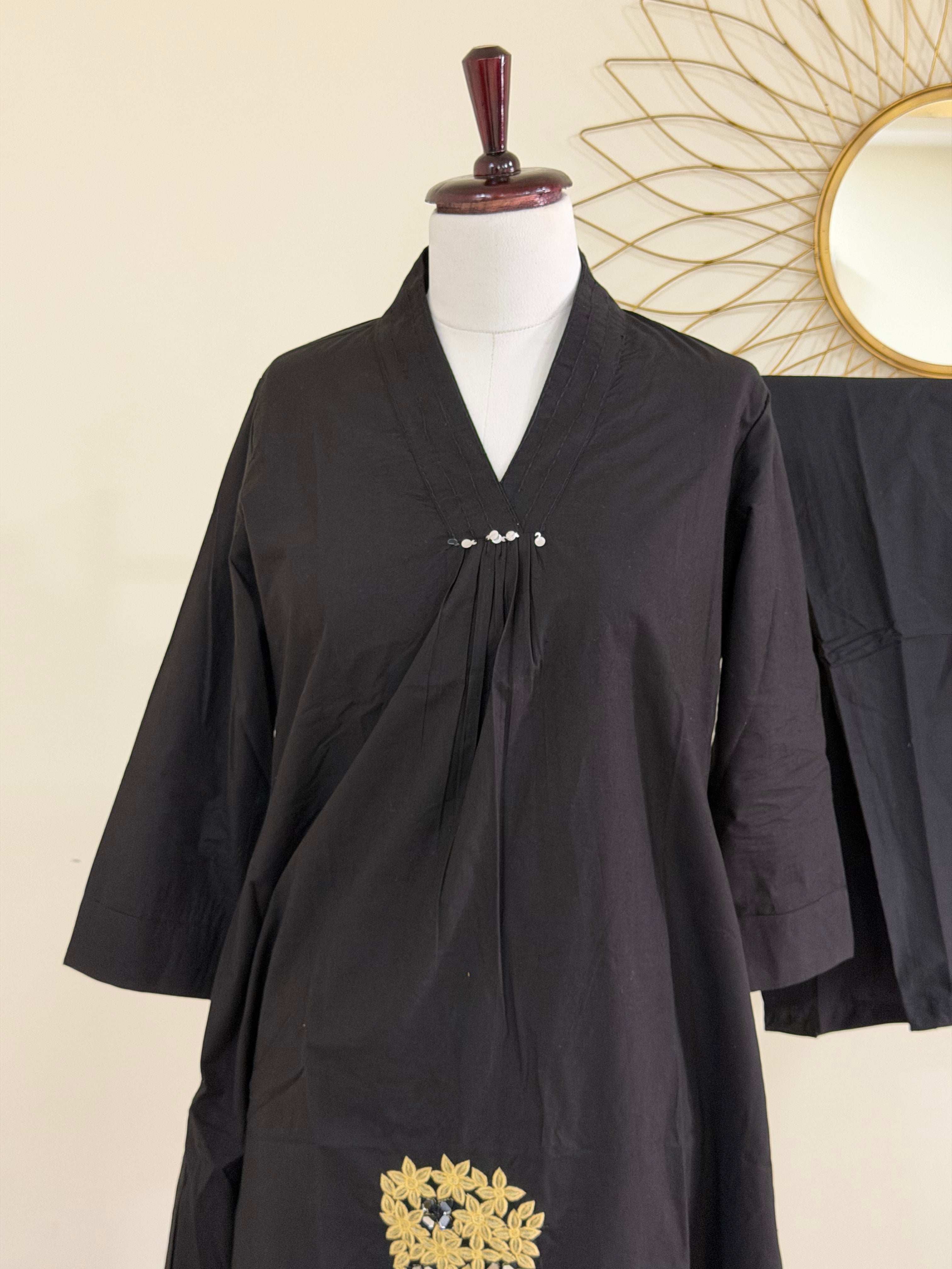 Black Cotton Co-ord Set with Panel Thread Work