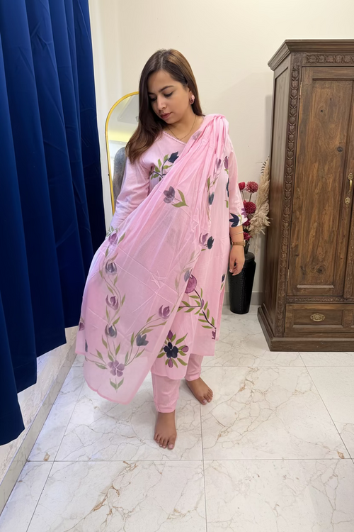 Baby Pink Mul Cotton Hand-Painted 3-Piece Suit Set
