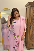 Baby Pink Mul Cotton Hand-Painted 3-Piece Suit Set