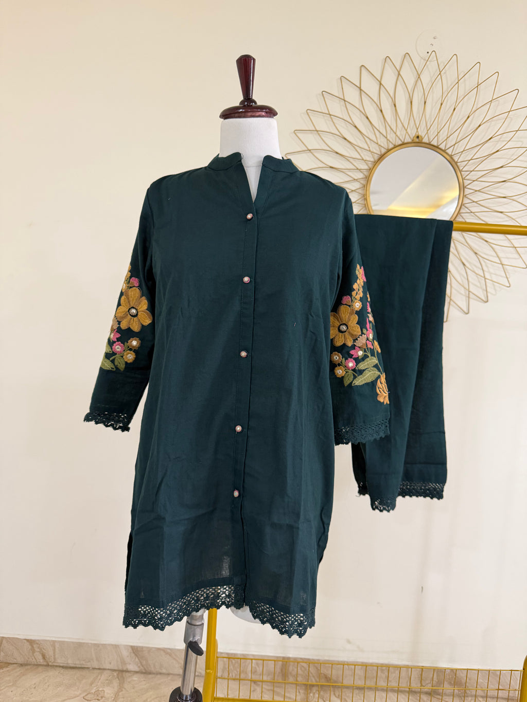 Deep Forest Green Cotton Co-ord Set with Embroidered Sleeves