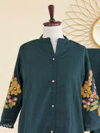 Deep Forest Green Cotton Co-ord Set with Embroidered Sleeves