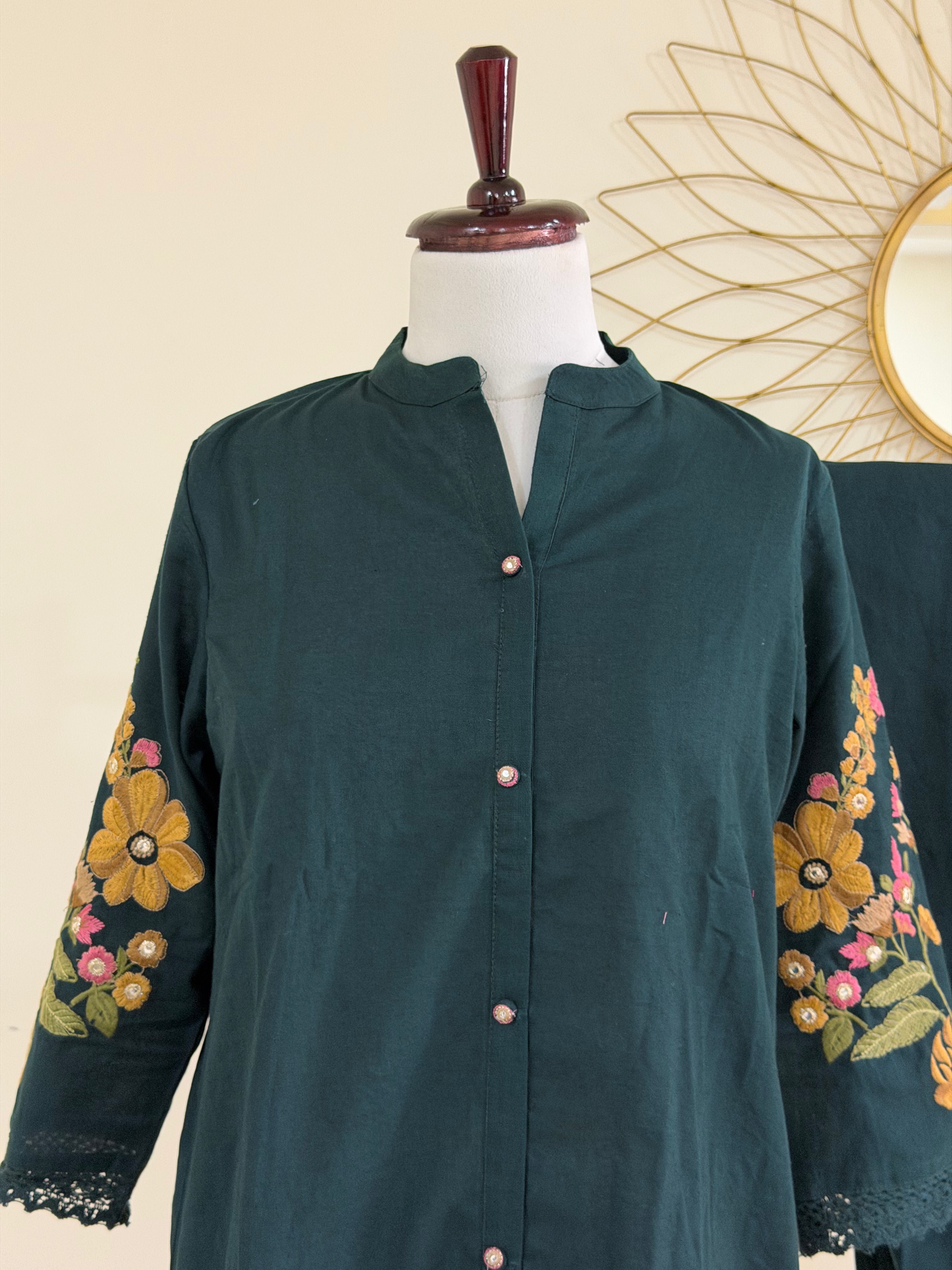 Deep Forest Green Cotton Co-ord Set with Embroidered Sleeves