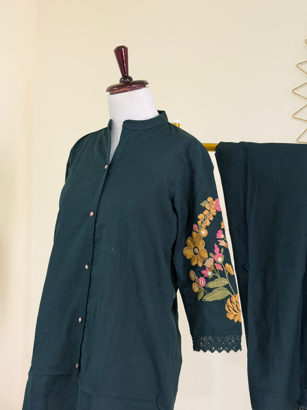 Deep Forest Green Cotton Co-ord Set with Embroidered Sleeves