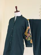 Deep Forest Green Cotton Co-ord Set with Embroidered Sleeves