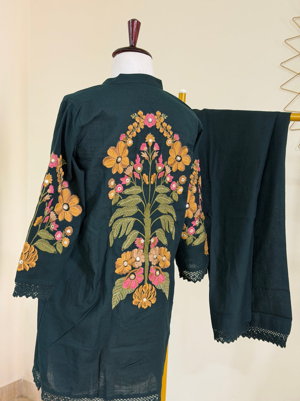 Deep Forest Green Cotton Co-ord Set with Embroidered Sleeves