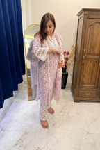 White & Lavender Cotton Kurta Set with Lace Detailing