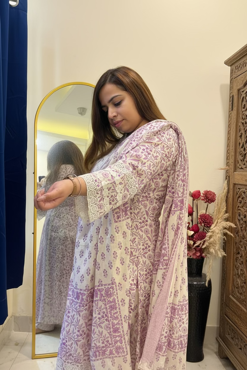 White & Lavender Cotton Kurta Set with Lace Detailing