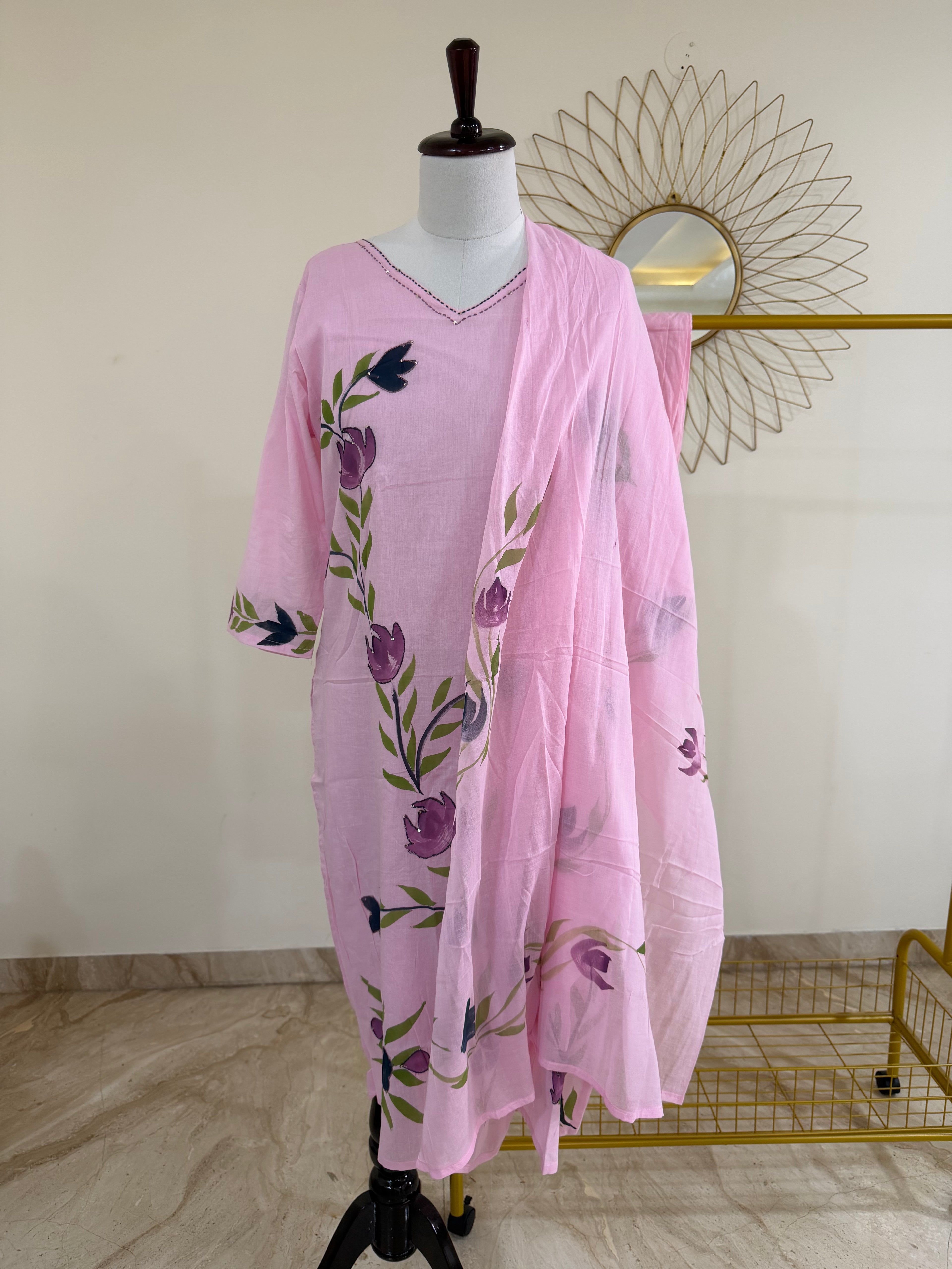 Baby Pink Mul Cotton Hand-Painted 3-Piece Suit Set