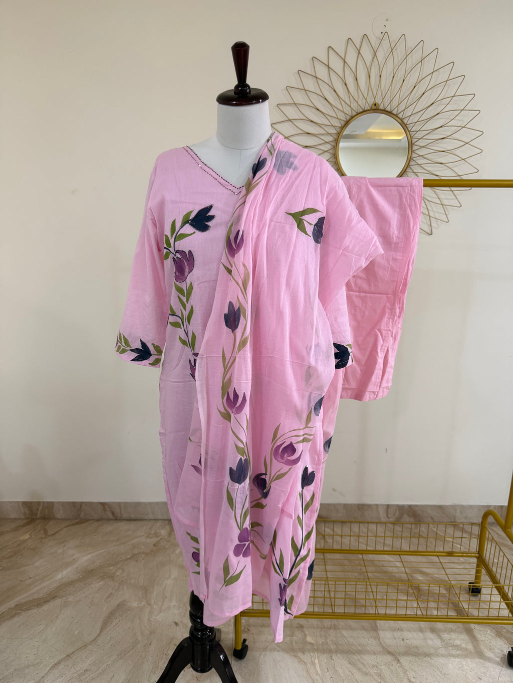 Baby Pink Mul Cotton Hand-Painted 3-Piece Suit Set