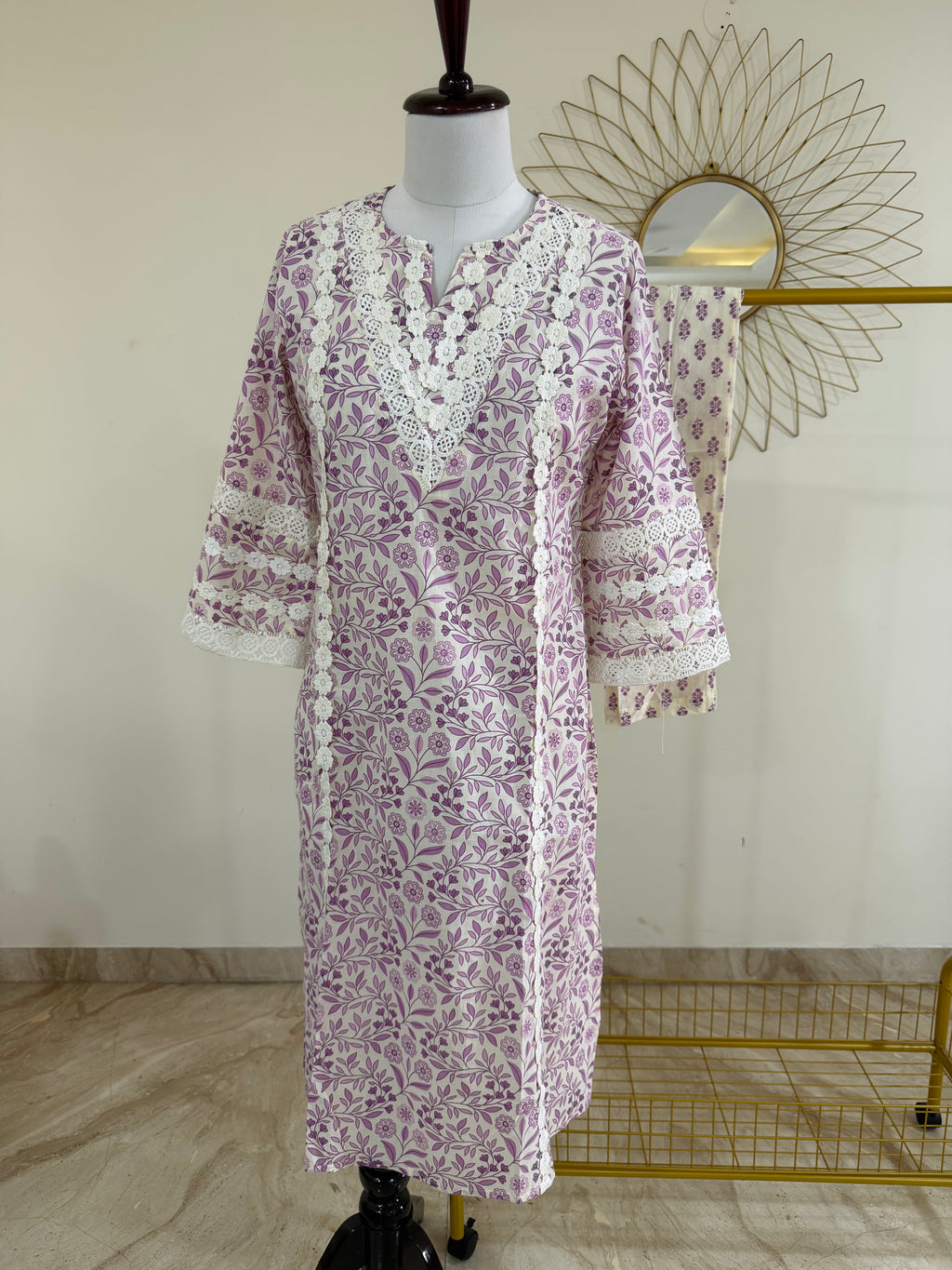 White & Lavender Cotton Kurta Set with Lace Detailing