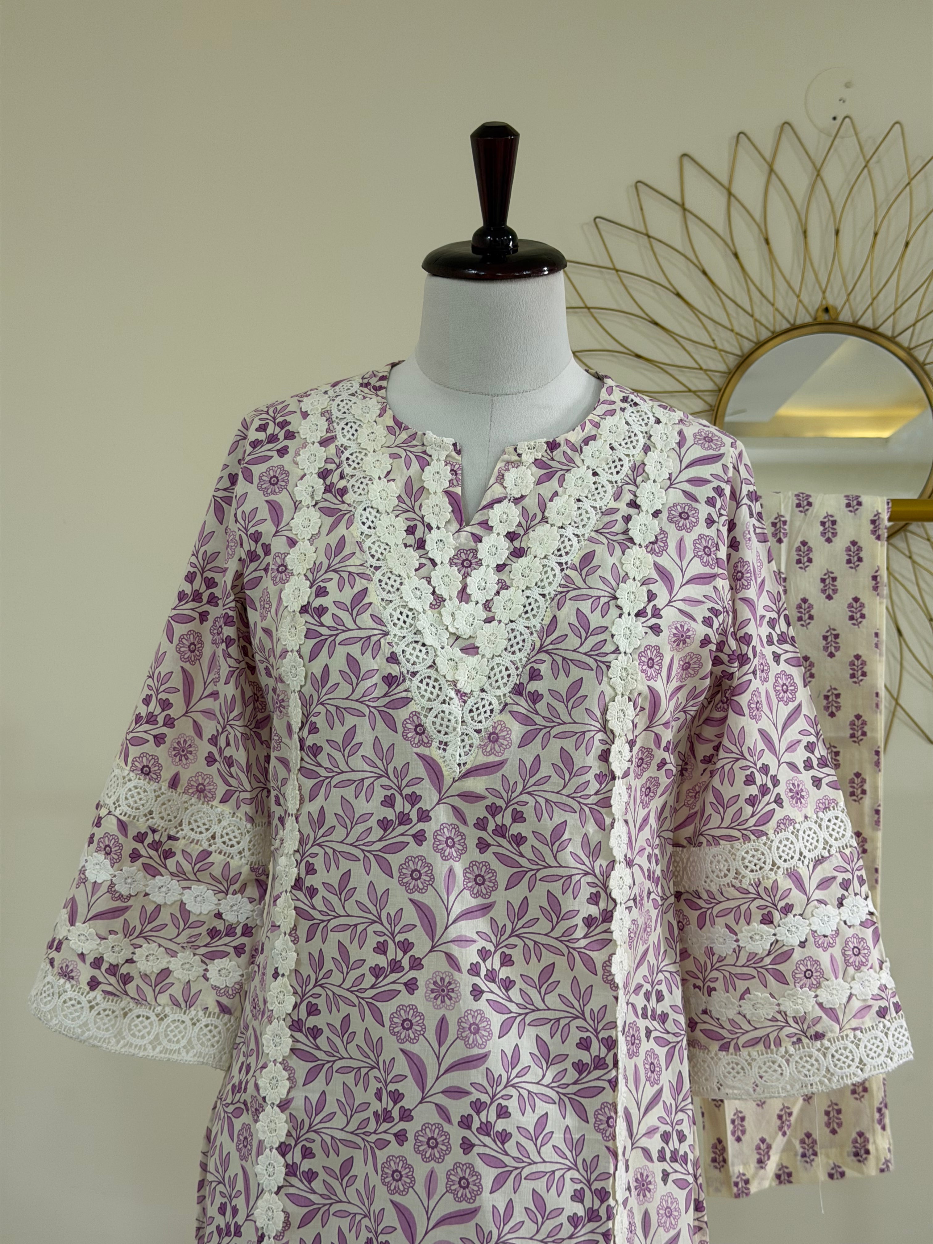 White & Lavender Cotton Kurta Set with Lace Detailing