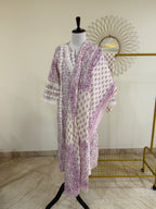 White & Lavender Cotton Kurta Set with Lace Detailing
