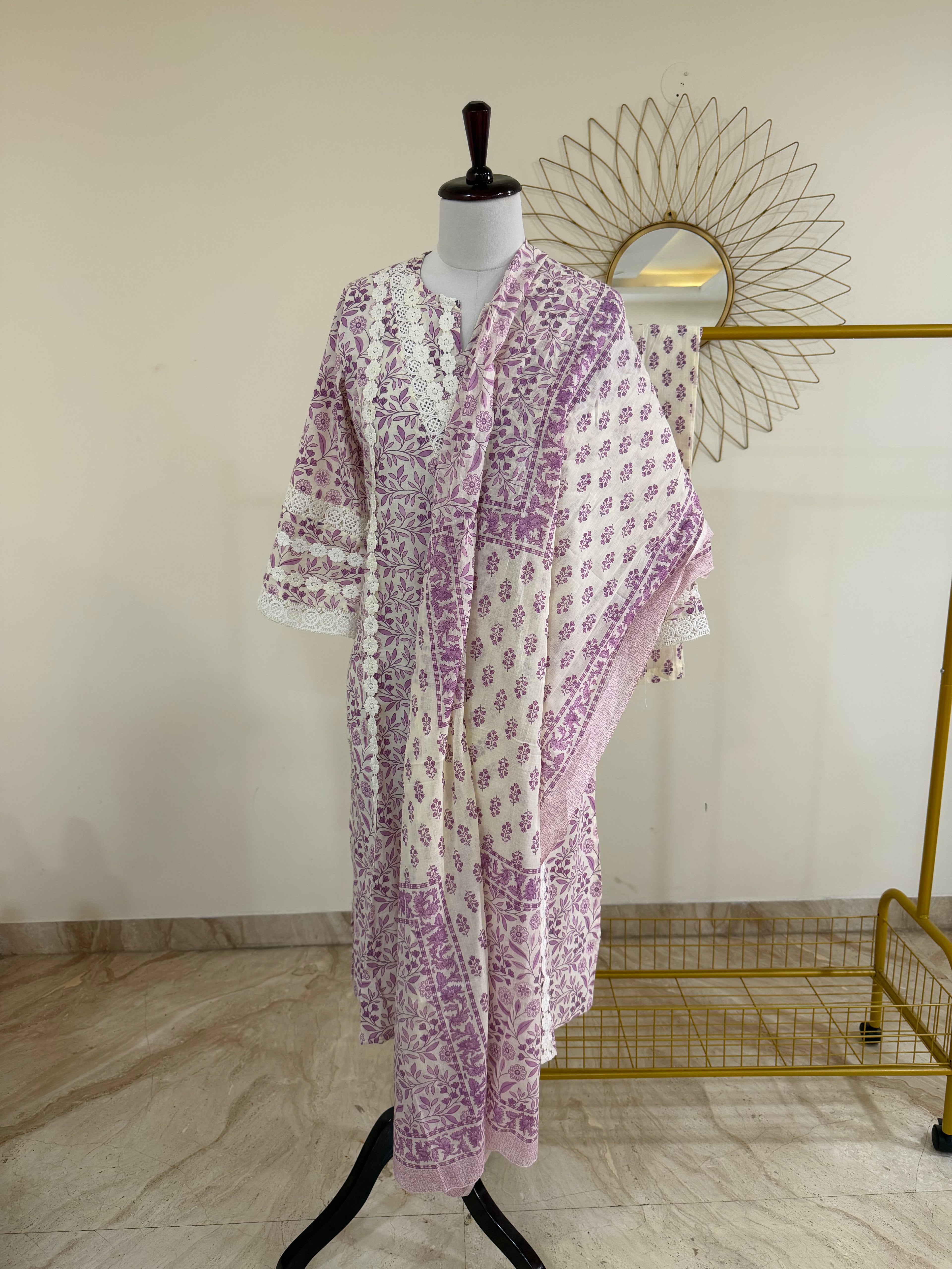White & Lavender Cotton Kurta Set with Lace Detailing