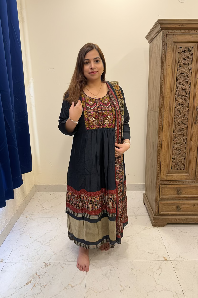 Navy Blue Chanderi 3-Piece Suit Set with Kantha Work