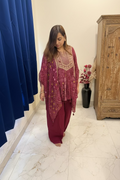 Magenta Bandhani Kaftan Co-ord Set with Embroidered Yoke
