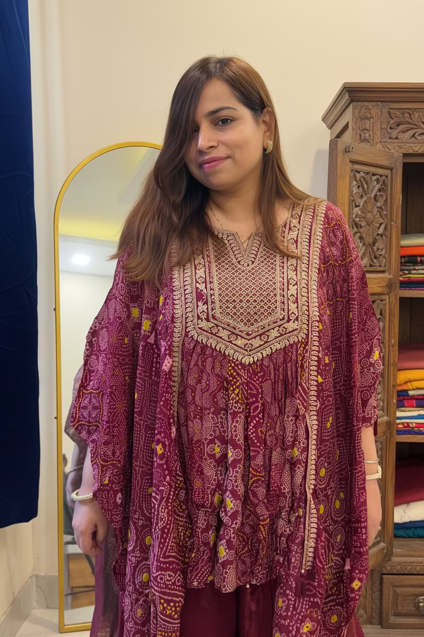 Magenta Bandhani Kaftan Co-ord Set with Embroidered Yoke