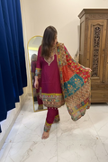 Magenta Crepe 3-Piece Suit Set with Embroidered Yoke & Multicolored Dupatta