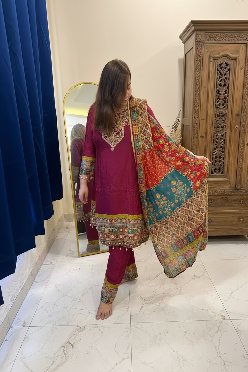 Magenta Crepe 3-Piece Suit Set with Embroidered Yoke & Multicolored Dupatta