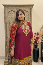 Magenta Crepe 3-Piece Suit Set with Embroidered Yoke & Multicolored Dupatta