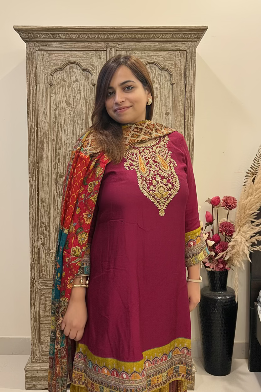 Magenta Crepe 3-Piece Suit Set with Embroidered Yoke & Multicolored Dupatta
