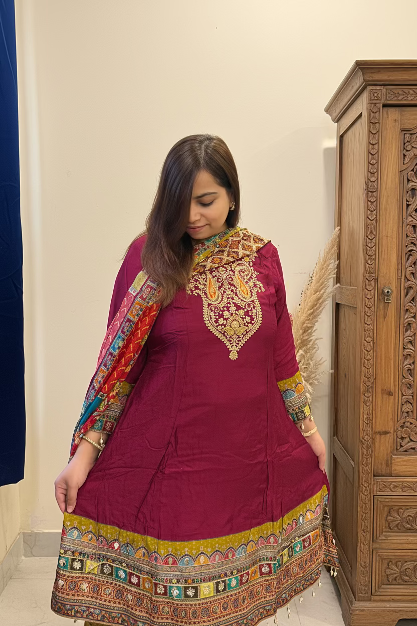 Magenta Crepe 3-Piece Suit Set with Embroidered Yoke & Multicolored Dupatta