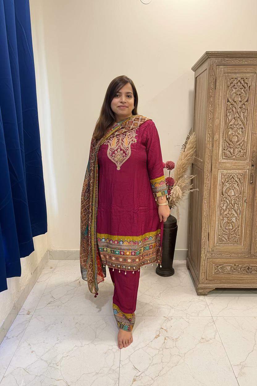 Magenta Crepe 3-Piece Suit Set with Embroidered Yoke & Multicolored Dupatta