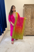 Rani Pink Chanderi Silk Festive Suit Set with Bandhani Dupatta