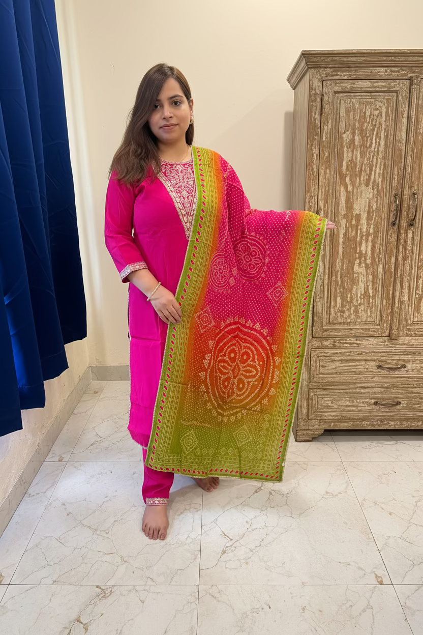 Rani Pink Chanderi Silk Festive Suit Set with Bandhani Dupatta