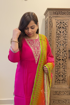 Rani Pink Chanderi Silk Festive Suit Set with Bandhani Dupatta