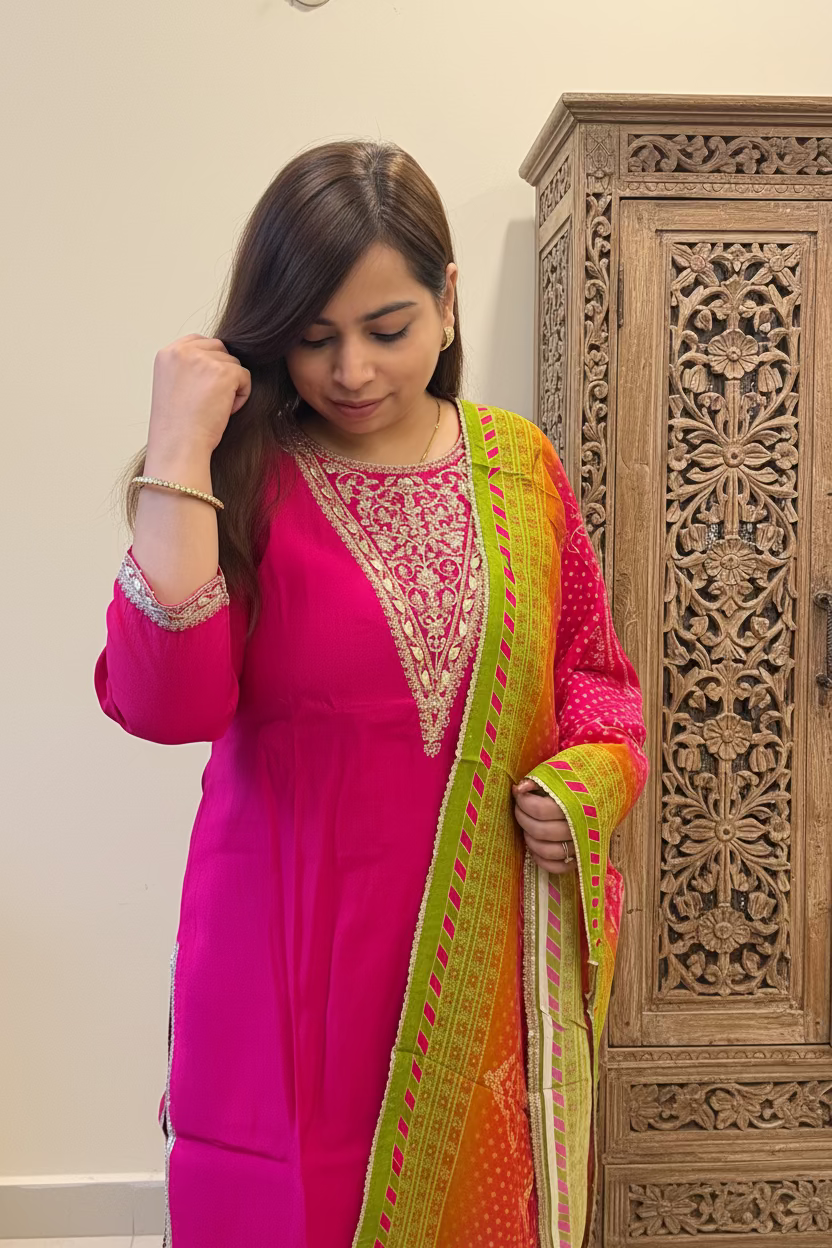 Rani Pink Chanderi Silk Festive Suit Set with Bandhani Dupatta