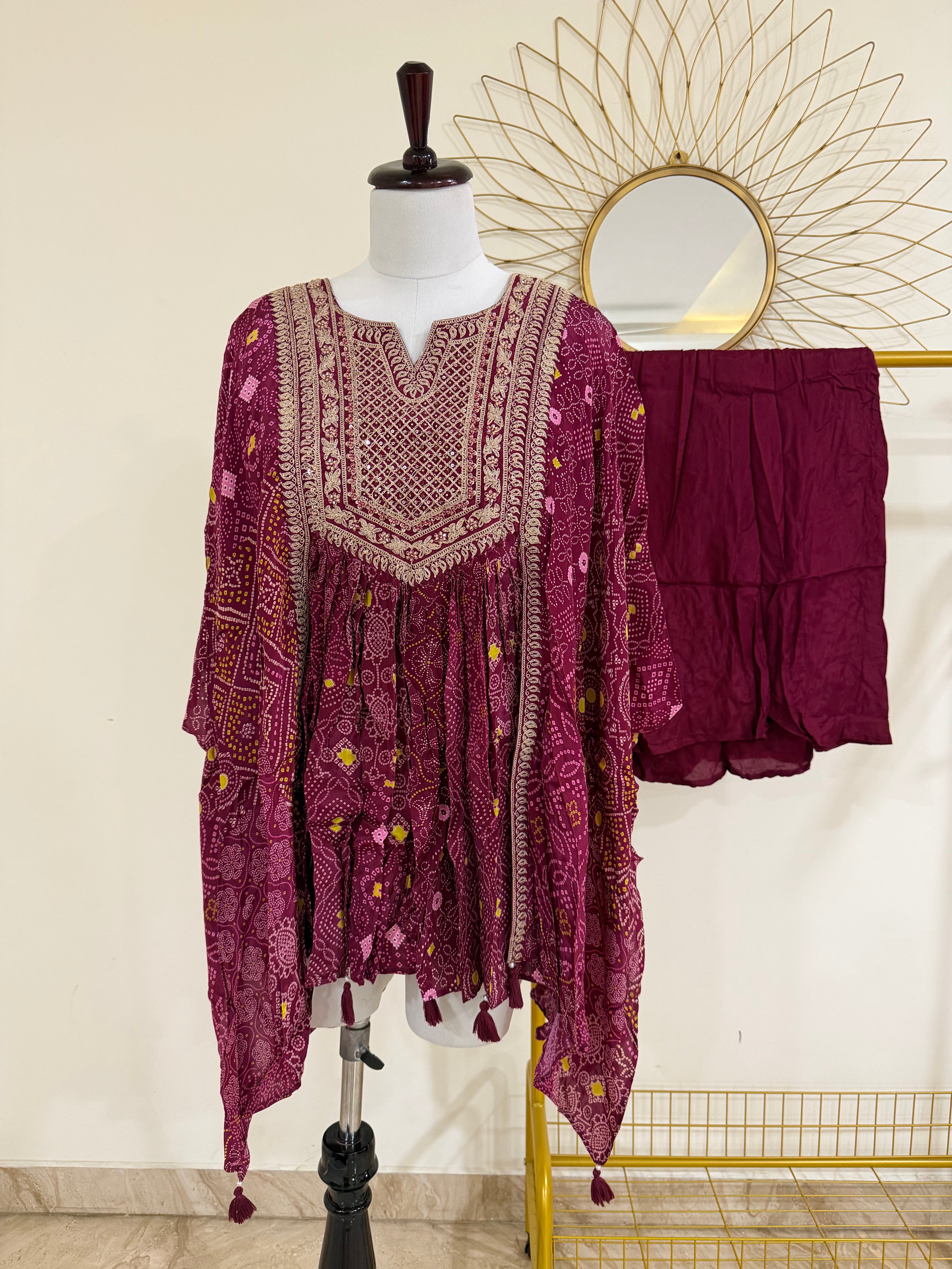 Magenta Bandhani Kaftan Co-ord Set with Embroidered Yoke
