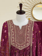 Magenta Bandhani Kaftan Co-ord Set with Embroidered Yoke