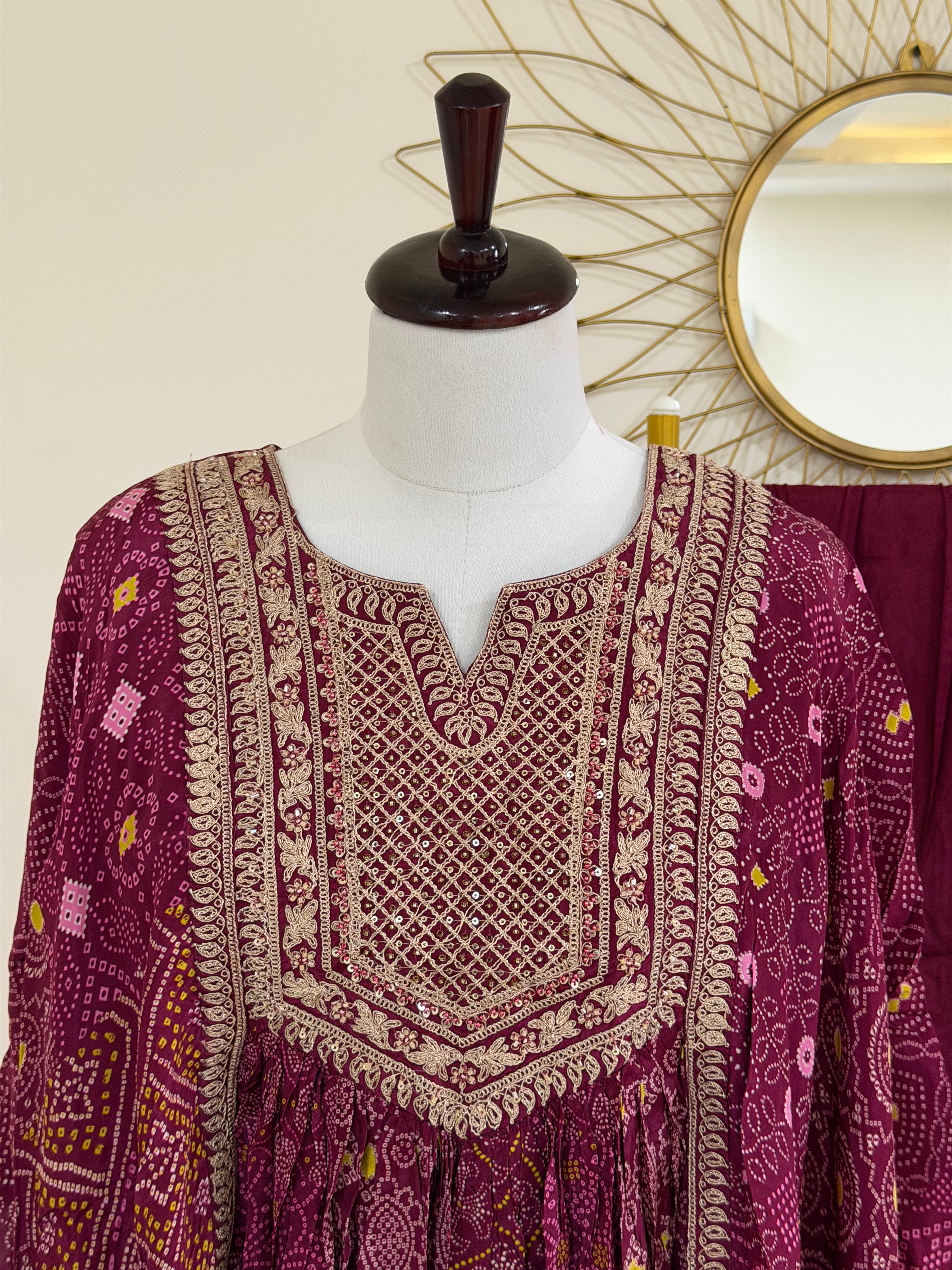 Magenta Bandhani Kaftan Co-ord Set with Embroidered Yoke