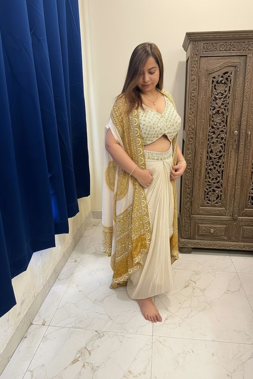 Ivory & Green 3-Piece Dhoti Skirt Set with Shrug