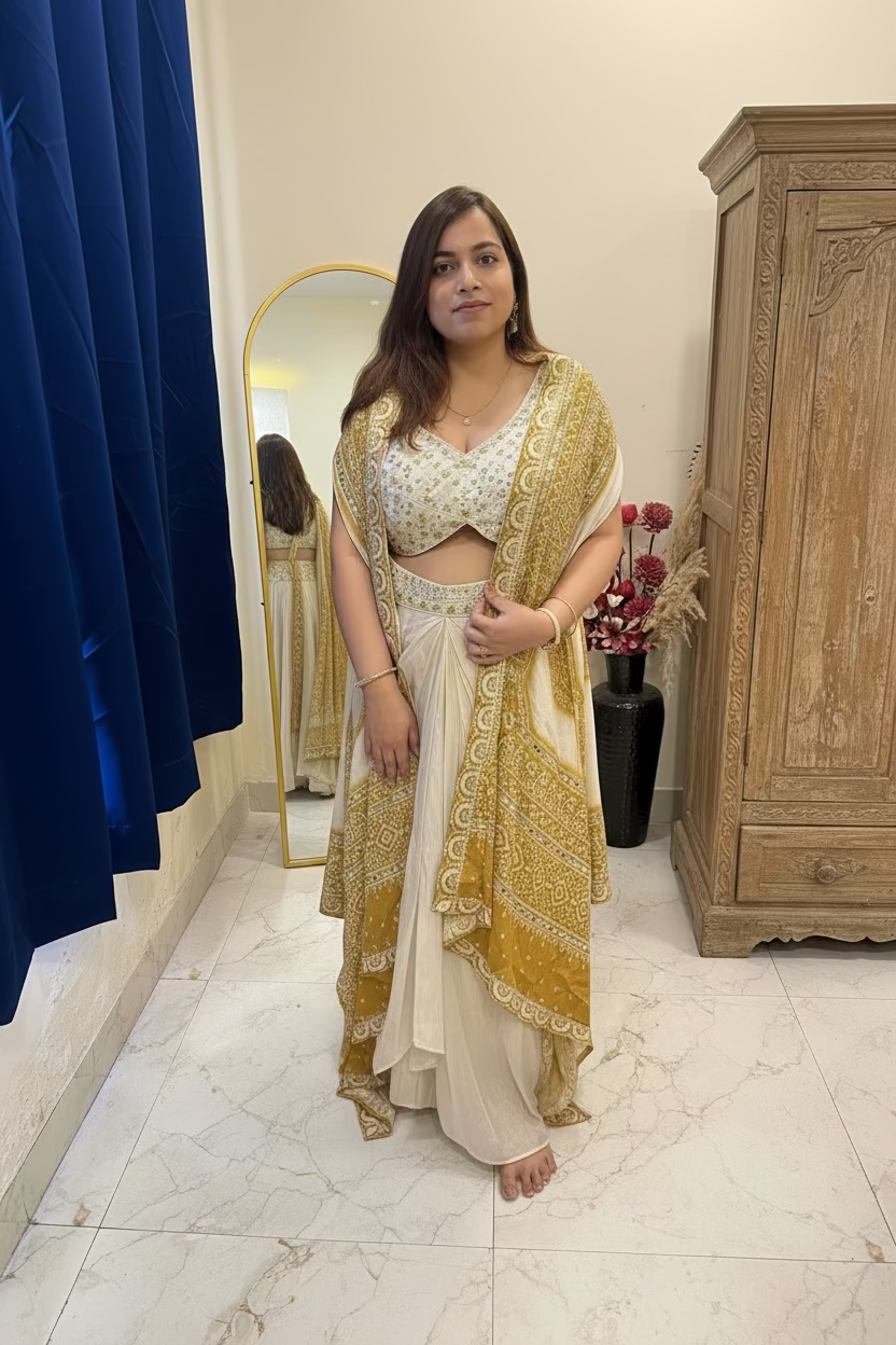 A woman models a traditional Indian outfit consisting of a white embroidered blouse, a white skirt, and a gold patterned dupatta in a bedroom setting.