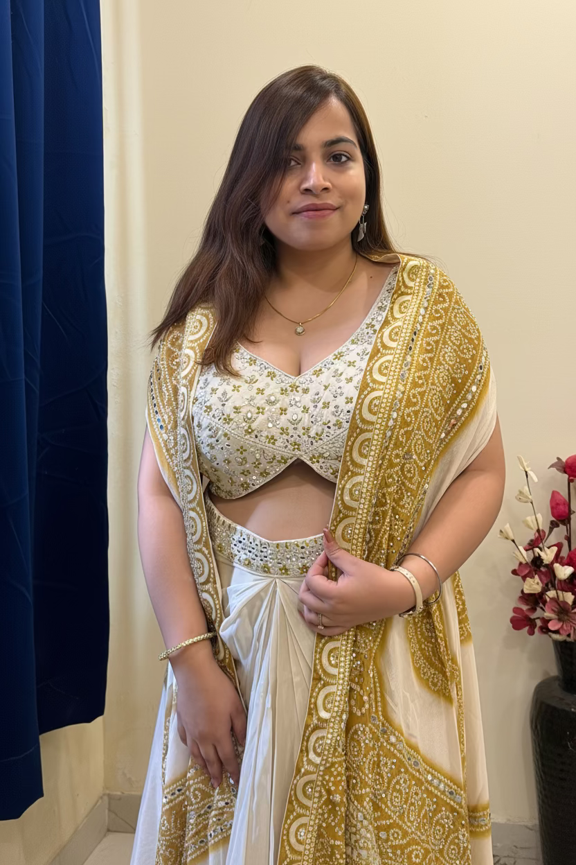 Ivory & Green 3-Piece Dhoti Skirt Set with Shrug