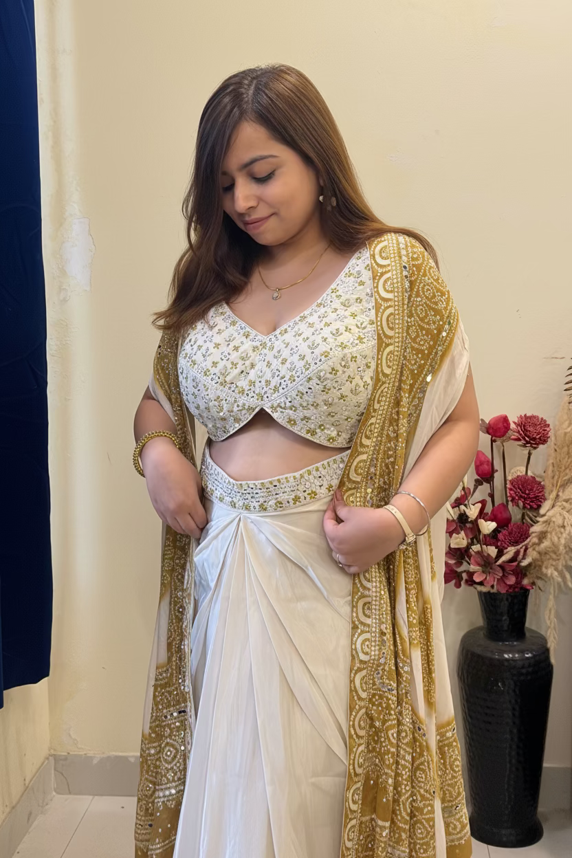 Ivory & Green 3-Piece Dhoti Skirt Set with Shrug