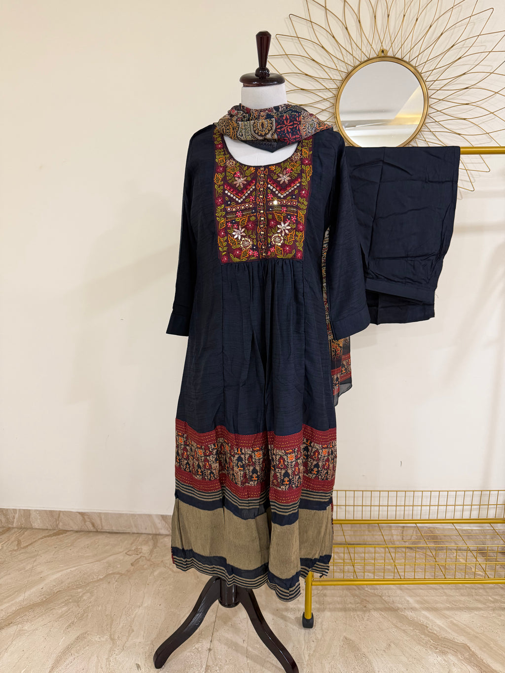 Navy Blue Chanderi 3-Piece Suit Set with Kantha Work