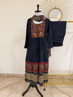 Navy Blue Chanderi 3-Piece Suit Set with Kantha Work