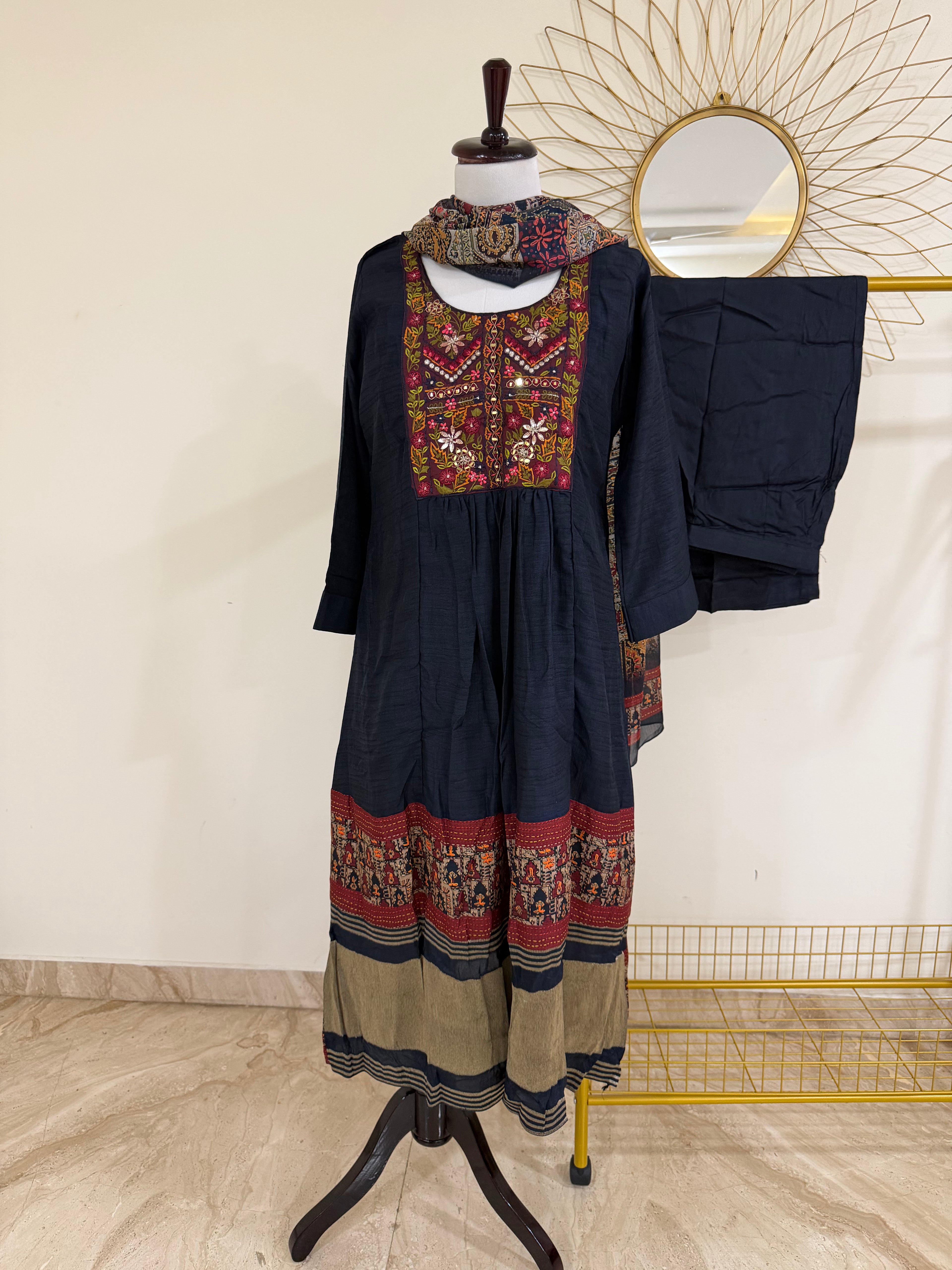 Navy Blue Chanderi 3-Piece Suit Set with Kantha Work