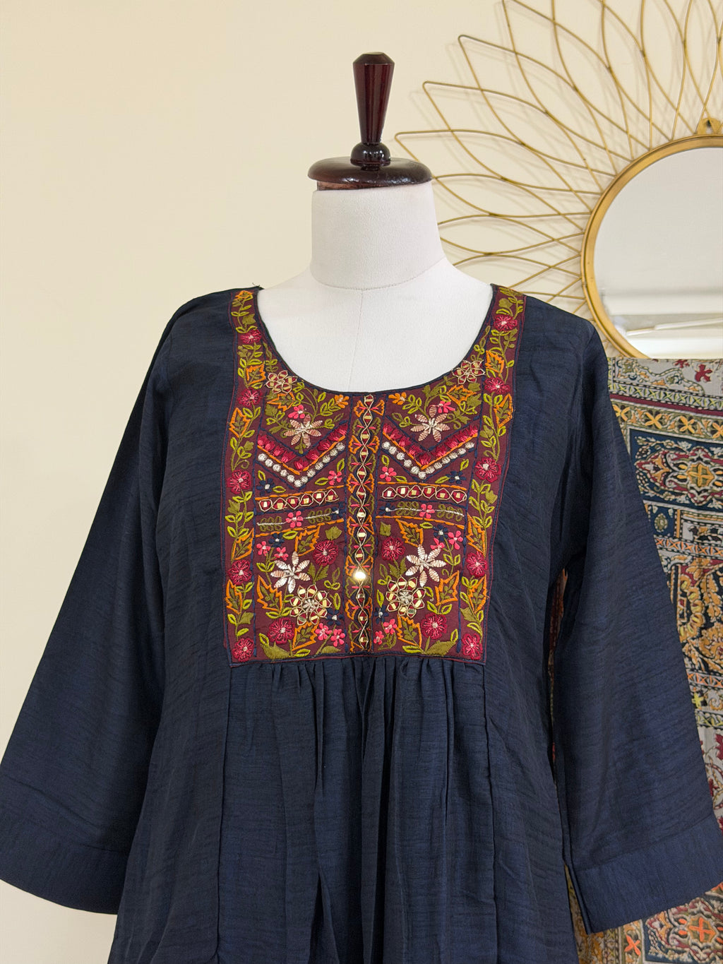 Navy Blue Chanderi 3-Piece Suit Set with Kantha Work