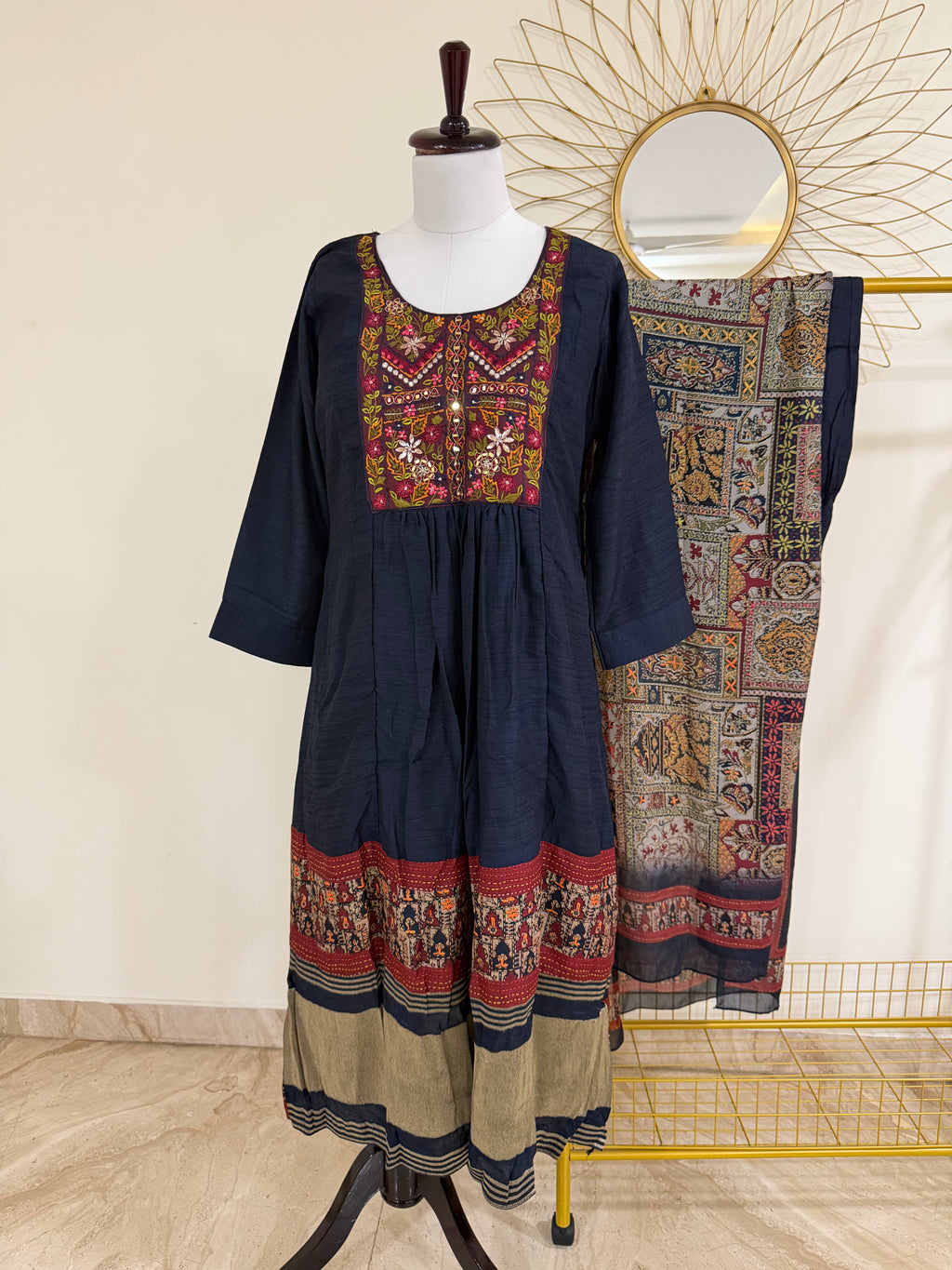 Navy Blue Chanderi 3-Piece Suit Set with Kantha Work