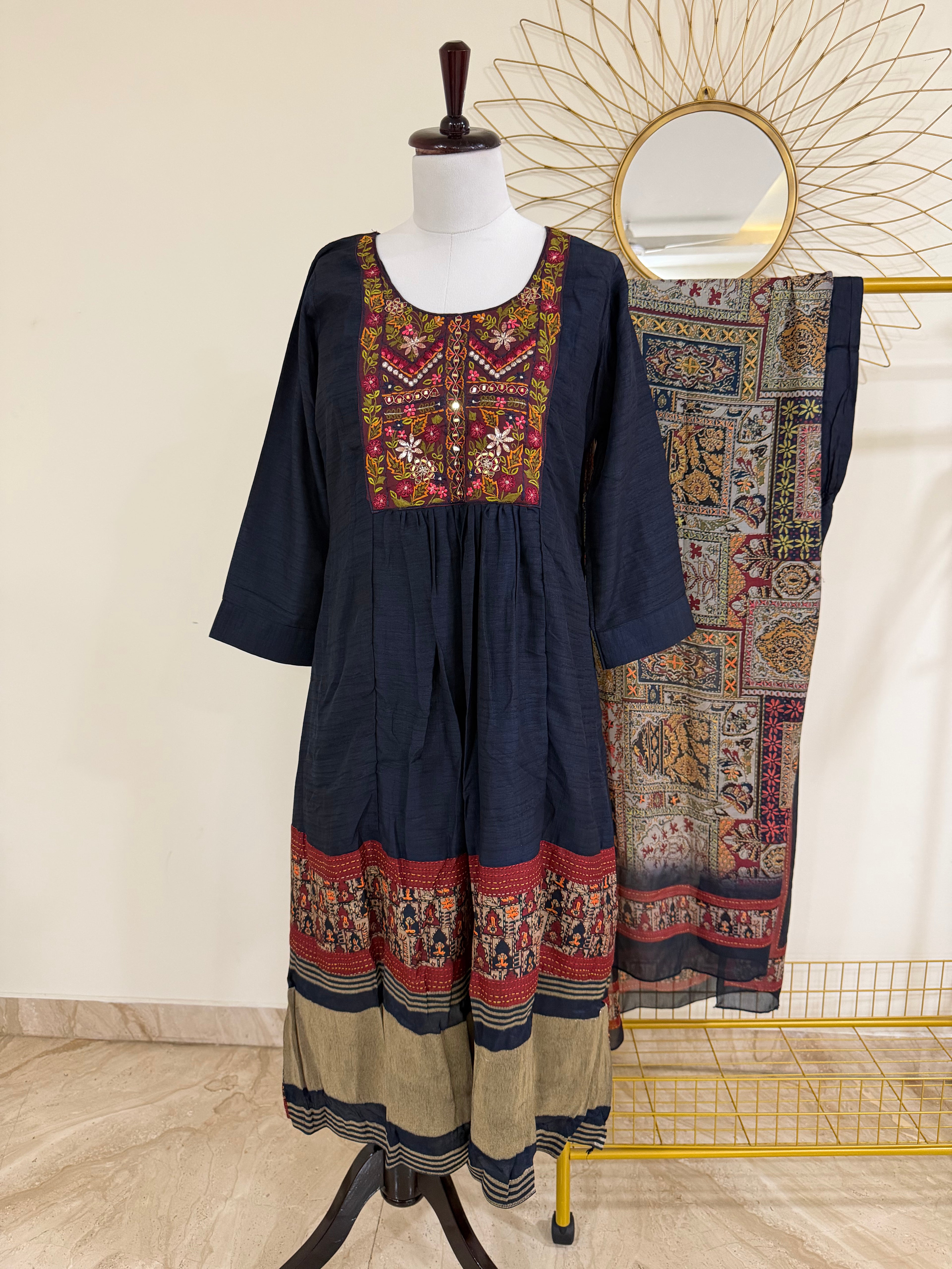 Navy Blue Chanderi 3-Piece Suit Set with Kantha Work