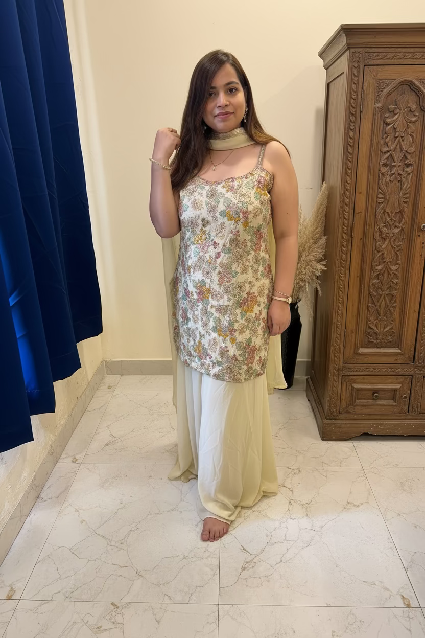 Ivory Embroidered Sleeveless 3-Piece Suit Set