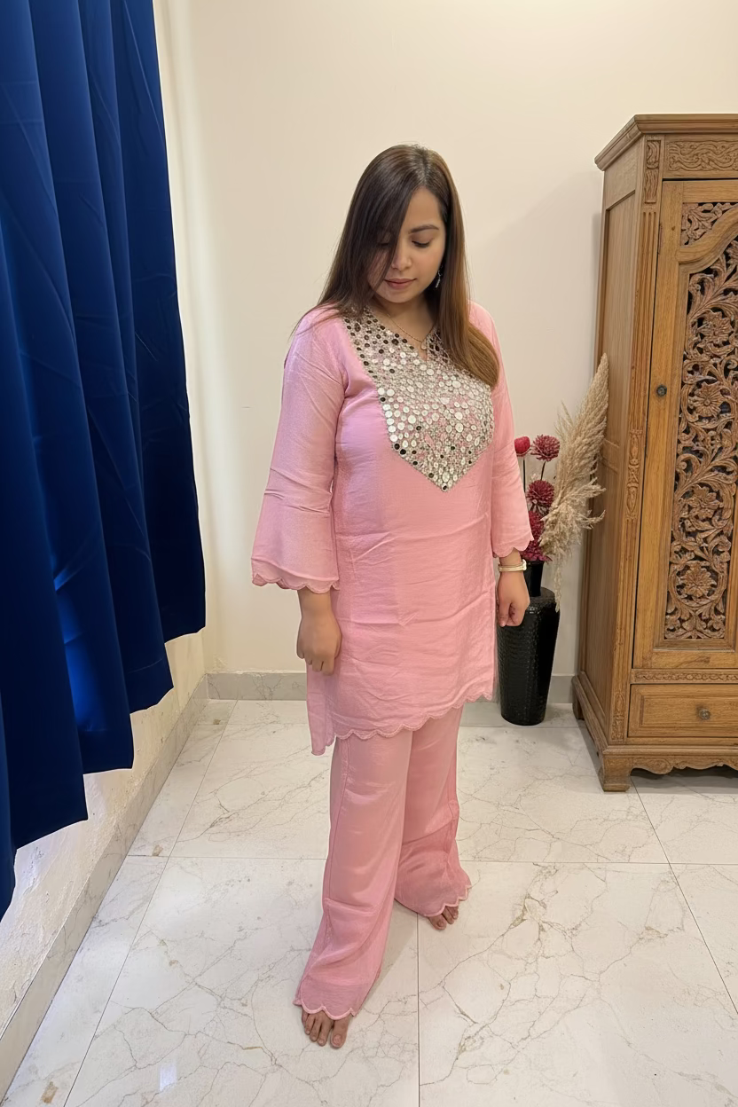 Pink Chanderi Co-ord Set with Mirror Work Yoke