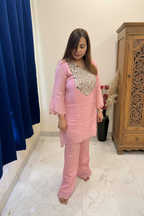 Pink Chanderi Co-ord Set with Mirror Work Yoke