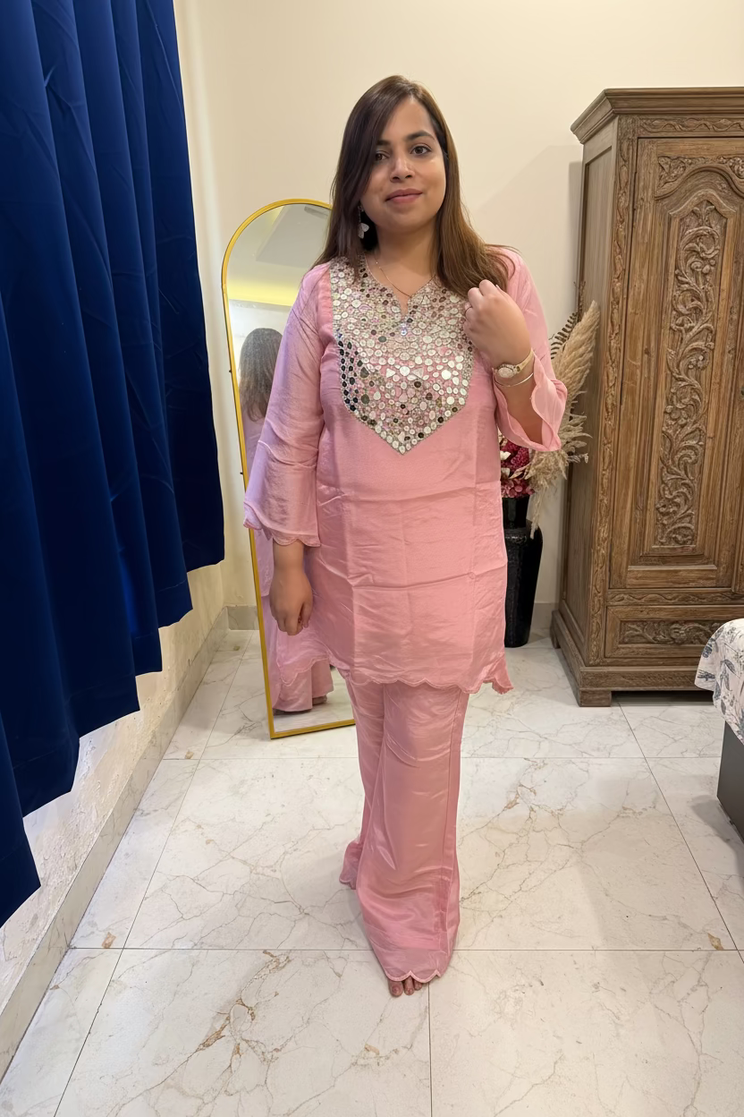 Pink Chanderi Co-ord Set with Mirror Work Yoke